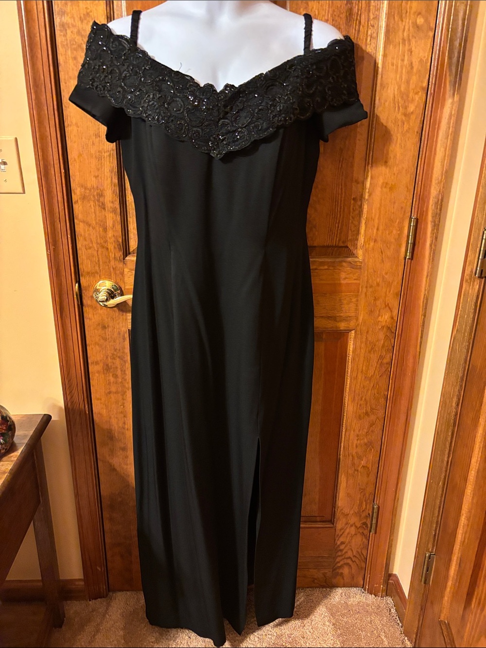 Dave & Johnny Black Off-Shoulder Beaded Evening Gown